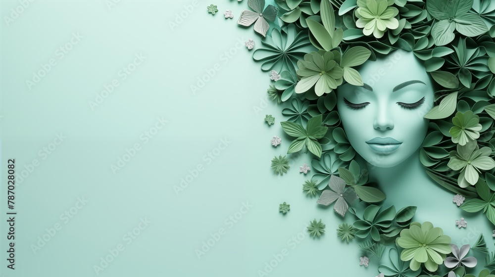 Digital illustration of a tranquil woman's face surrounded by lush green leaves and flowers