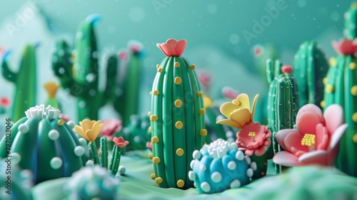 Cute crazy claymotion style cactus background  style 3D   cacti