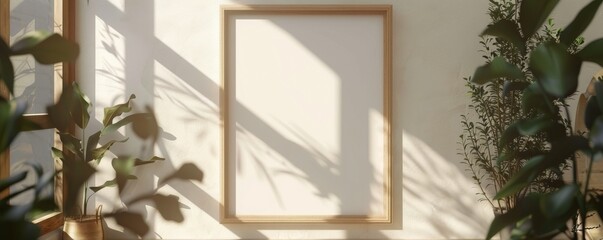 Minimal wooden picture poster frame mockup on white wallpaper
