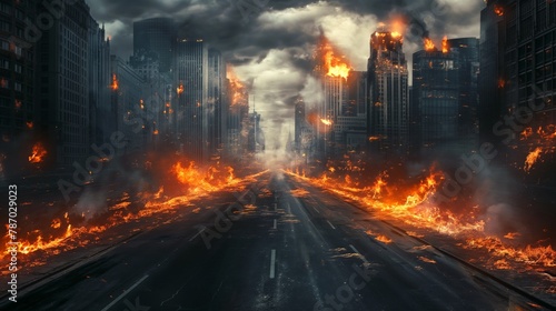 War-torn city destroyed, streets on fire © Crazy Dark Queen