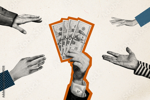Composite photo collage of hand hold money dollars charity help poor people hand volunteer support payment isolated on painted background
