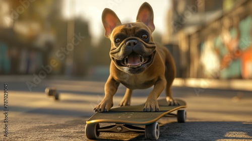 Fawn French Bulldog rolling on a skateboard deck down the street