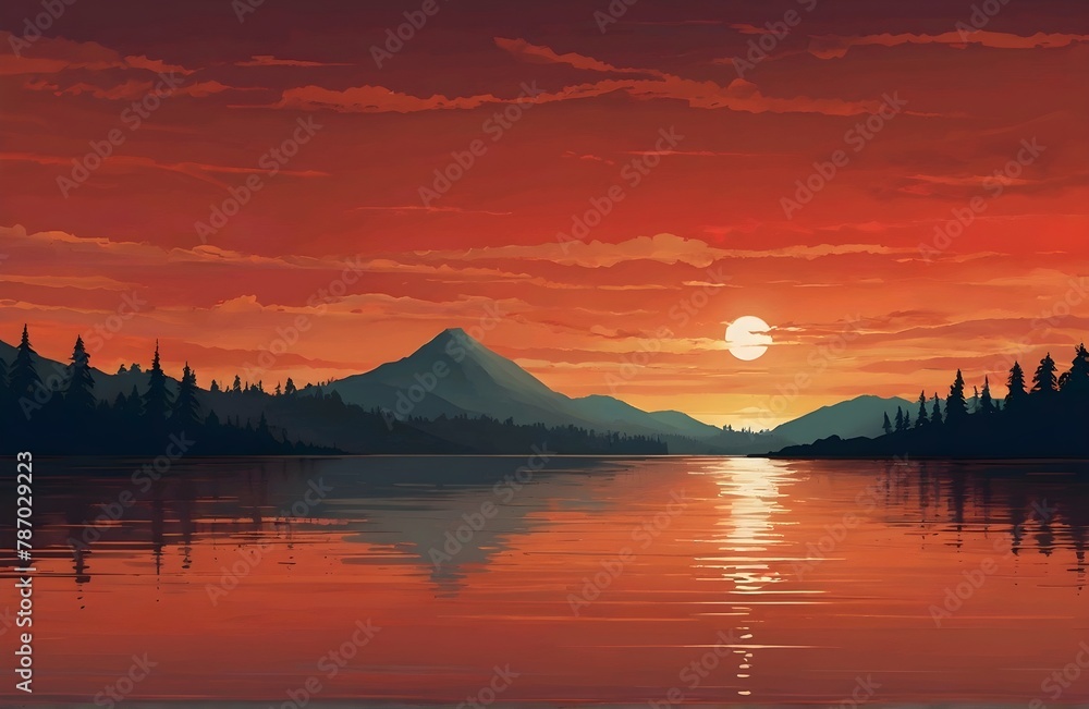 Sunset landscape with red sky, silhouettes of mountains, hills and trees and lake reflection