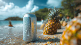 A single chilled can with droplets of condensation is perfectly placed on the sunlit shore of a tropical beach, offering a tempting escape from the heat with a backdrop of pineapples and azure sea.