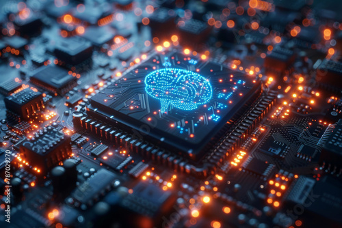 High technology CPU brain central of neural networking, motherboard artificial intelligence electronic brain with glowing light background, futuristic digital network.