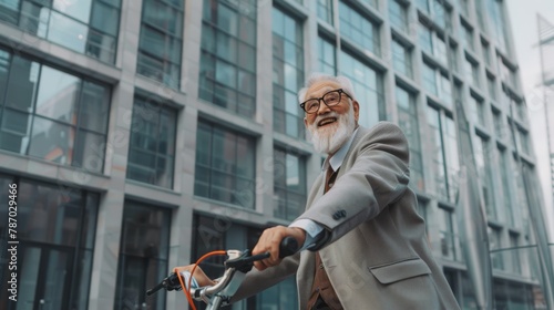 Stylish older gentleman biking, perfect for articles on senior health, fashion, or city living.