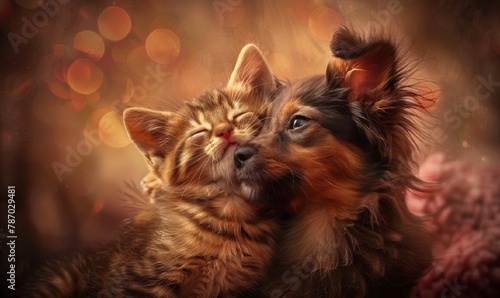 Cute funny kitten and puppy kiss and hug each other. valentine's day. A pet lover. The theme of friendship and love. Design for poster, header, invitation, card, with copy space. photo