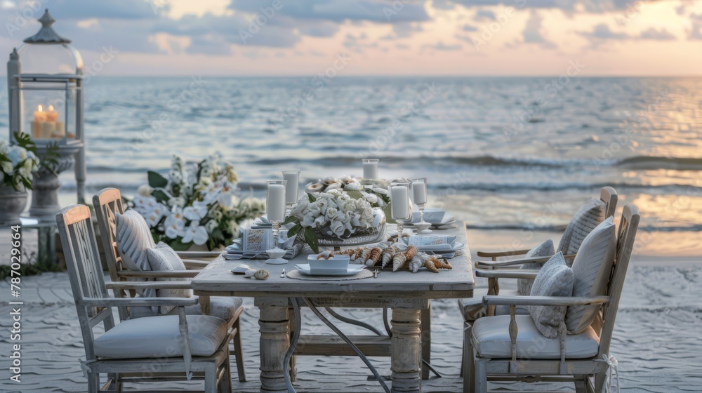 Fototapeta premium Romantic beach dinner setup at sunset, perfect for travel and dining experiences.