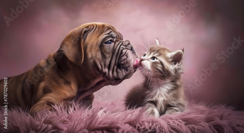 Cute funny kitten and puppy kiss and hug each other. valentine's day. A pet lover. The theme of friendship and love. Design for poster, header, invitation, card, with copy space.