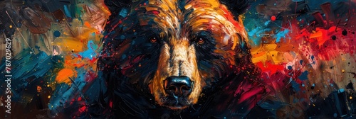 A visually striking representation of a bear's face, intertwined with colors and dramatic paint splats, conveying its wild essence