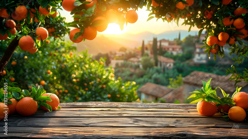 wooden table in the foreground surrounded by tangerine trees, Italian landscape with a farm in the background