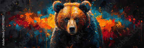 Majestic bear face centered among a splatter of bright colors depicting curiosity and exploration © Oksana