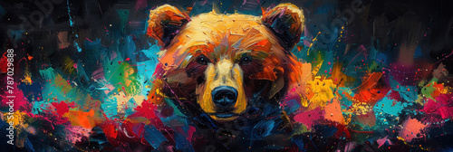 This work features a bear portrait amidst a wild explosion of color, set against a deep black background, evoking contrast and depth photo