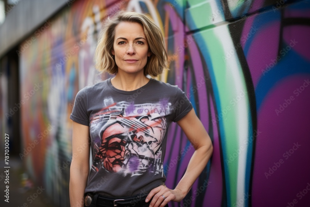 Fototapeta premium Portrait of a tender woman in her 40s sporting a vintage band t-shirt while standing against vibrant graffiti wall