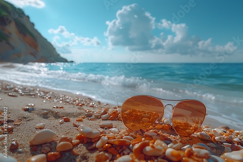 a tranquil scene of sunglasses resting on driftwood by the shoreline, framed by the gentle ebb and flow of the tide and the vast expanse of the sea, in cinematic 8k high resolution.