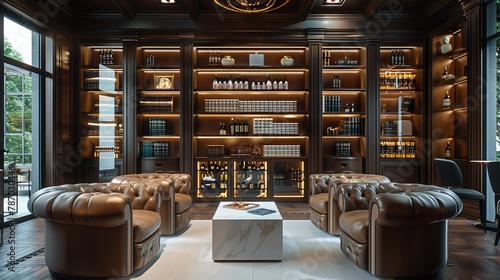 A contemporary, sophisticated cigar lounge in an exclusive members club. Classic. Generative AI.