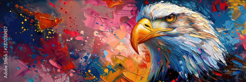 A profile view of an eagle's head, the image is highlighted by abstract splashes of color, emphasizing the creature's noble and fierce nature