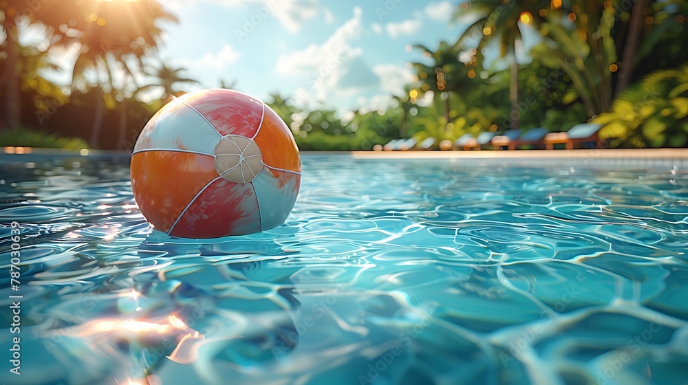 a vibrant summer scene with a colorful beach ball floating gracefully on the surface of a luxurious swimming pool, surrounded by lush greenery and clear blue skies