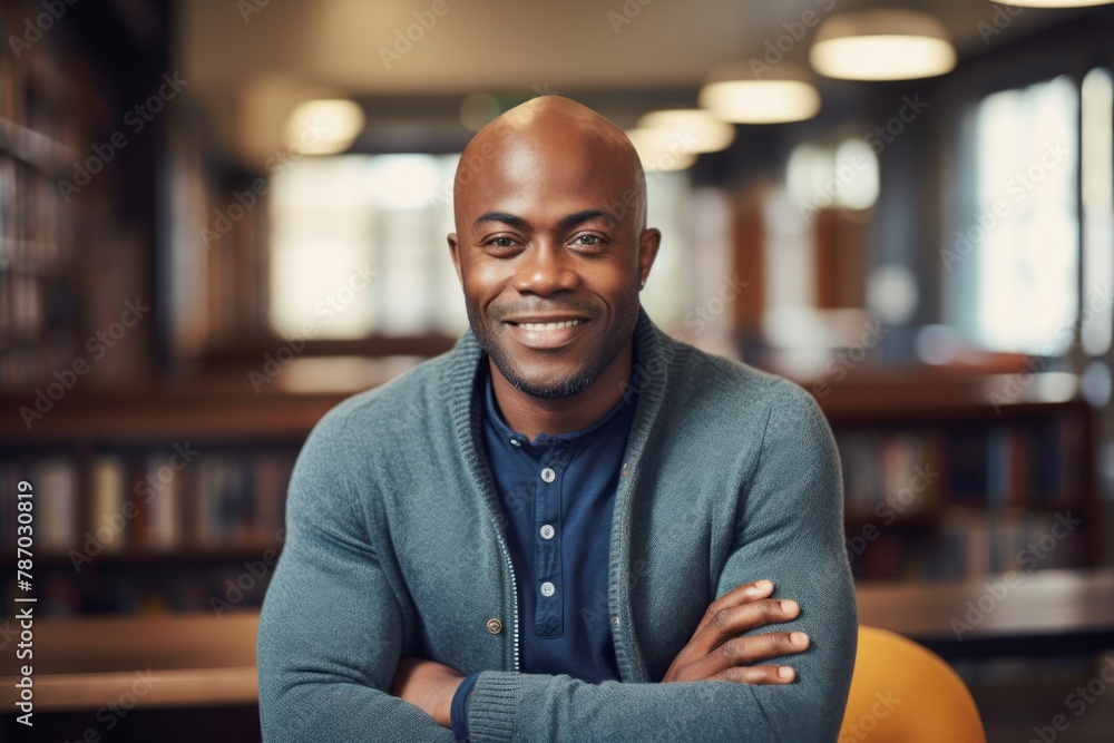 Obraz premium Portrait of a happy afro-american man in his 40s wearing a chic cardigan in classic library interior