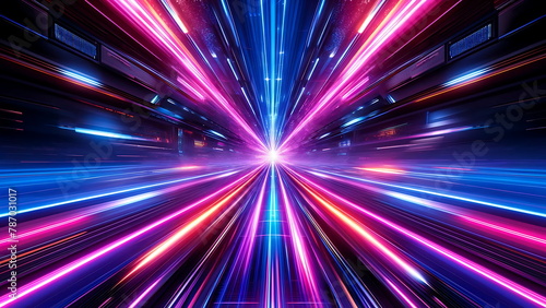Warp Light Speed Tunnel, Laser Burst Motion in blue and pink neon glow. Time travel Background