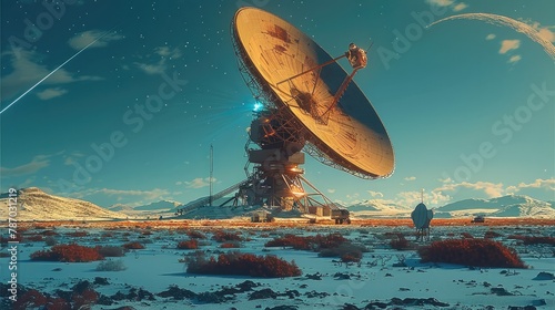 A high tech outpost with a giant satellite dish in an isolated desolate wasteland beaming signals into space. Generative AI.