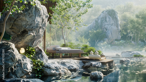 Step into a spa oasis where a carefully arranged product display graces a rock, harmonizing with the peaceful landscape.  photo