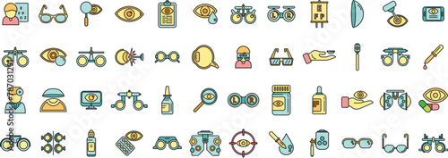 Optometry icons set outline vector. Medical eye. Lasik machine thin line color flat on white