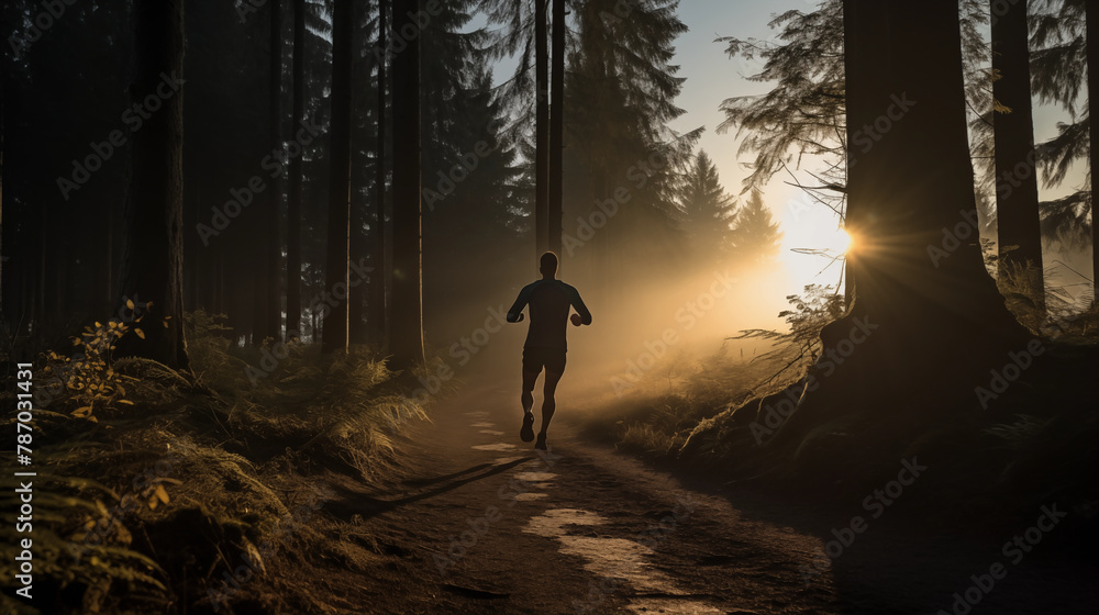 A runner is silhouetted against the soft light of a misty morning, surrounded by the serene beauty of an awakening forest. - obrazy, fototapety, plakaty 