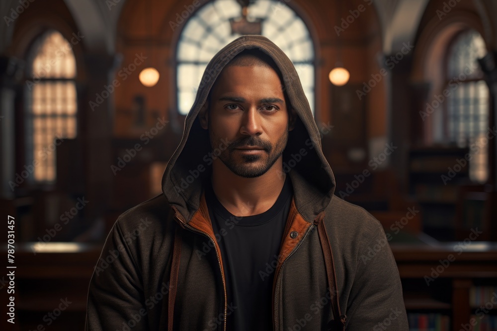 Portrait of a tender indian man in his 40s wearing a zip-up fleece hoodie in classic library interior