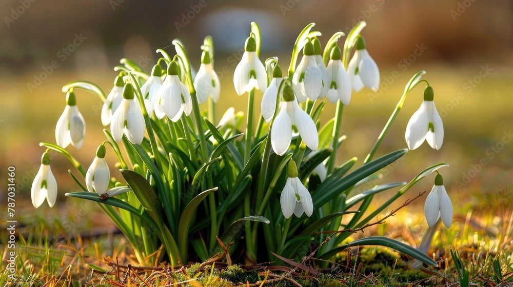 First signs of spring the appearance of white snowdrops in the garden despite the frost - obrazy, fototapety, plakaty 