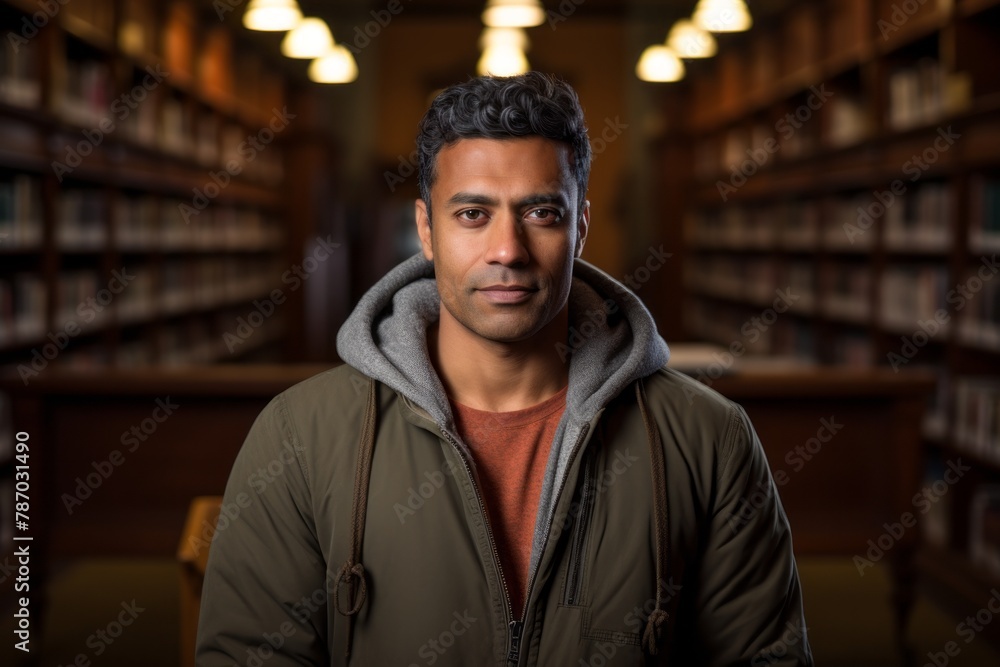 Portrait of a tender indian man in his 40s wearing a zip-up fleece hoodie while standing against classic library interior Portrait of a tender indian man in his 40s wearing a zip-up fleece hoodie while standing against classic library interior