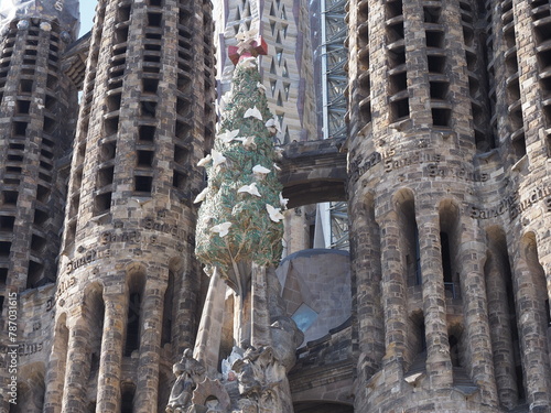 Details of basilica facade in Barcelona city in Spain
