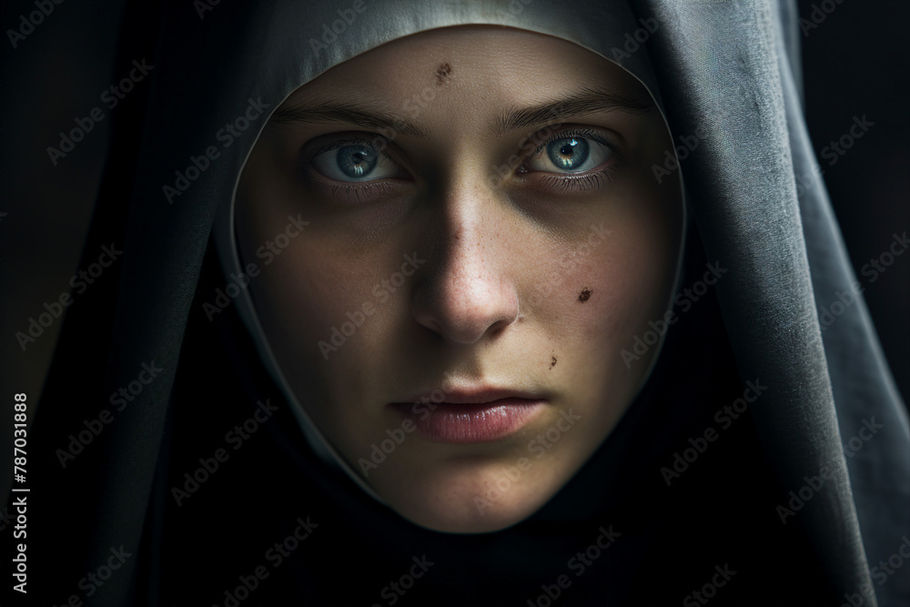 Mysterious religious person nun priest in church robe serious face expression Generative AI illustration Mysterious religious person nun priest in church robe serious face expression Generative AI illustration