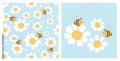 Seamless pattern with daisy flower, flying petals and bee cartoons on blue background. Chamomile flower and bee icon.