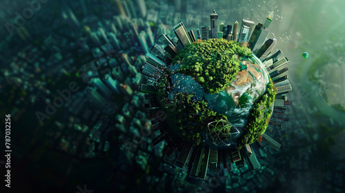 Step into a vision of sustainability and nature intertwined in the business world, as depicted in an AI-generated image showcasing a globe surrounded by eco-friendly business elements