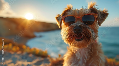 cute dog sporting sunglasses while exploring the sandy shores and enjoying the warm sunshine, exuding happiness and contentment amidst the beauty of the beach, in cinematic high resolution.