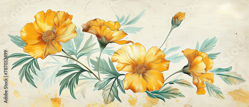 a yellow flowers painted on a white wall with green leaves