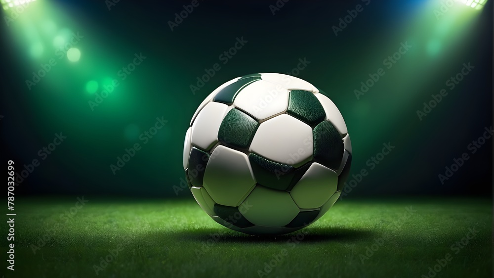 Soccer ball in green and lighting ground, football, sport, background, goal, ground, soccer, stadium, team, ball, field, grass, green, competition, game, play, light, activity, arena, championship, 