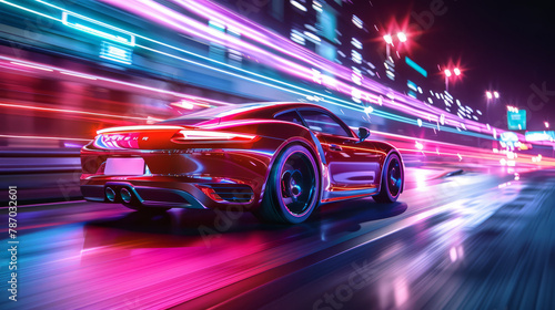 Furious style sports car on neon highway Powerful acceleration of super cars on night tracks with colorful lights and tracks