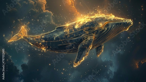 Luxurious and surreal art piece featuring a whale swimming through the sky, outlined in golden lines against a dreamy cloud backdrop