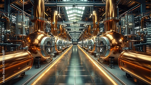 An industrial style copper and glass whisky still room, filled with large rows of shiny circular steel pipes that go around in each direction as far up as eye level. Generative AI.