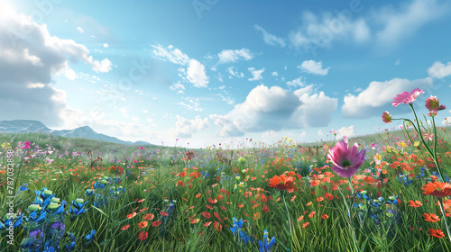 Step into a vision of sustainability with an AI-generated image showcasing a verdant meadow dotted with colorful wildflowers  under a clear blue sky  emphasizing the beauty and resilience of nature. 