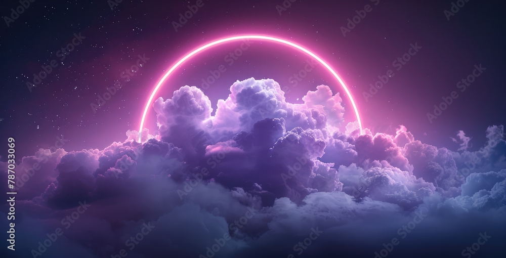 An illustration showcasing a cloud, subtly enhanced by a glowing neon ring in a delicate shade of lavender, set against the inky blackness of the night sky. Generative AI.