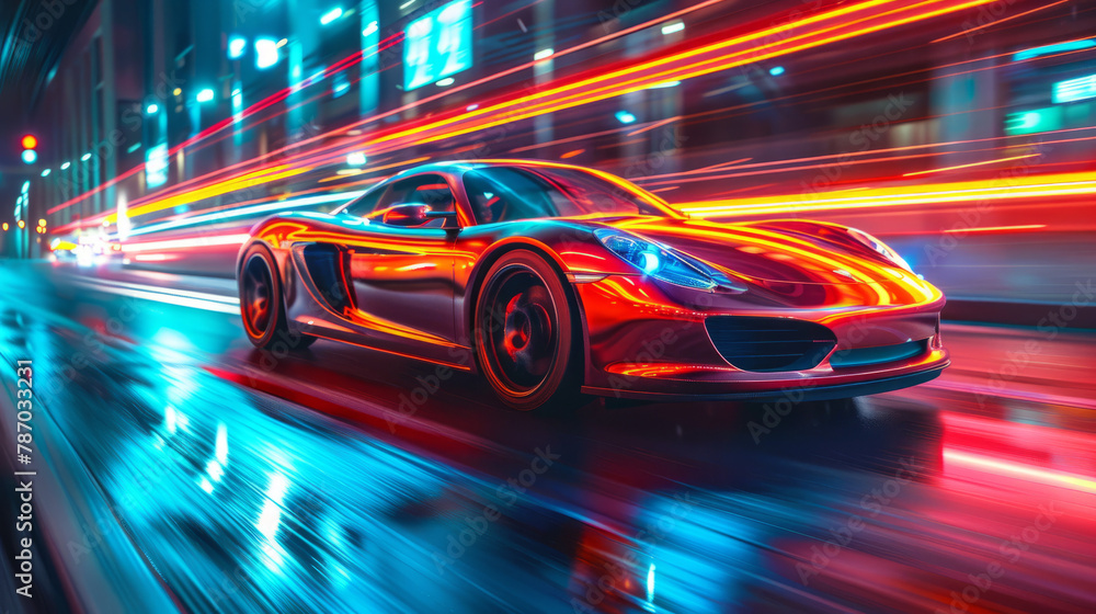 Furious style sports car on neon highway Powerful acceleration of super cars on night tracks with colorful lights and tracks Furious style sports car on neon highway Powerful acceleration of super cars on night tracks with colorful lights and tracks