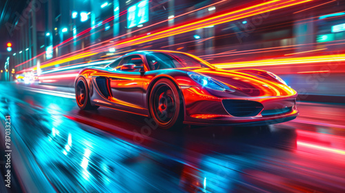 Furious style sports car on neon highway Powerful acceleration of super cars on night tracks with colorful lights and tracks © 9DIGITECH