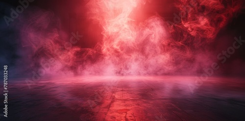 Empty stage with red smoke rising from a textured ground, illuminated by light beams piercing through the dark atmosphere.