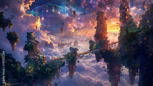 A close up of a surreal dreamscape bathed in ethereal light, floating islands suspended in the sky, interconnected by bridges of shimmering energy, photo