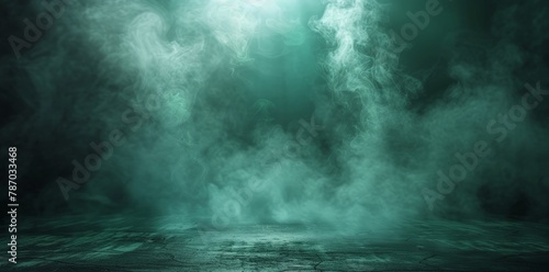 Empty stage with green smoke rising from a textured ground, illuminated by light beams piercing through the dark atmosphere.