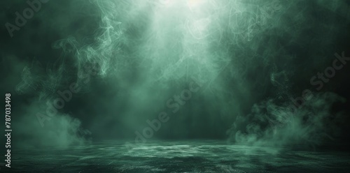 Empty stage with green smoke rising from a textured ground, illuminated by light beams piercing through the dark atmosphere.