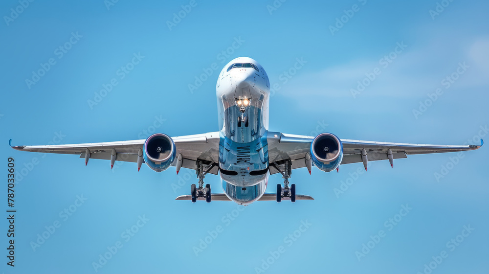 Fototapeta premium Airplane flying in the colorful and clear sky
